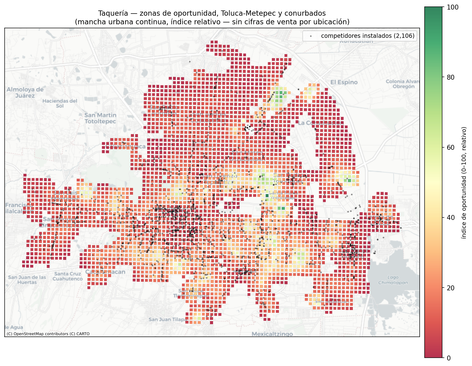 Mapa de índice de oportunidad para taquería en la zona metropolitana de Toluca, con los competidores instalados