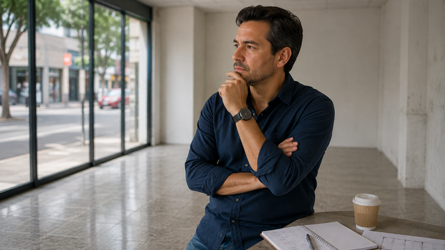 Dueño de un local comercial vacío, pensando qué negocio abrir